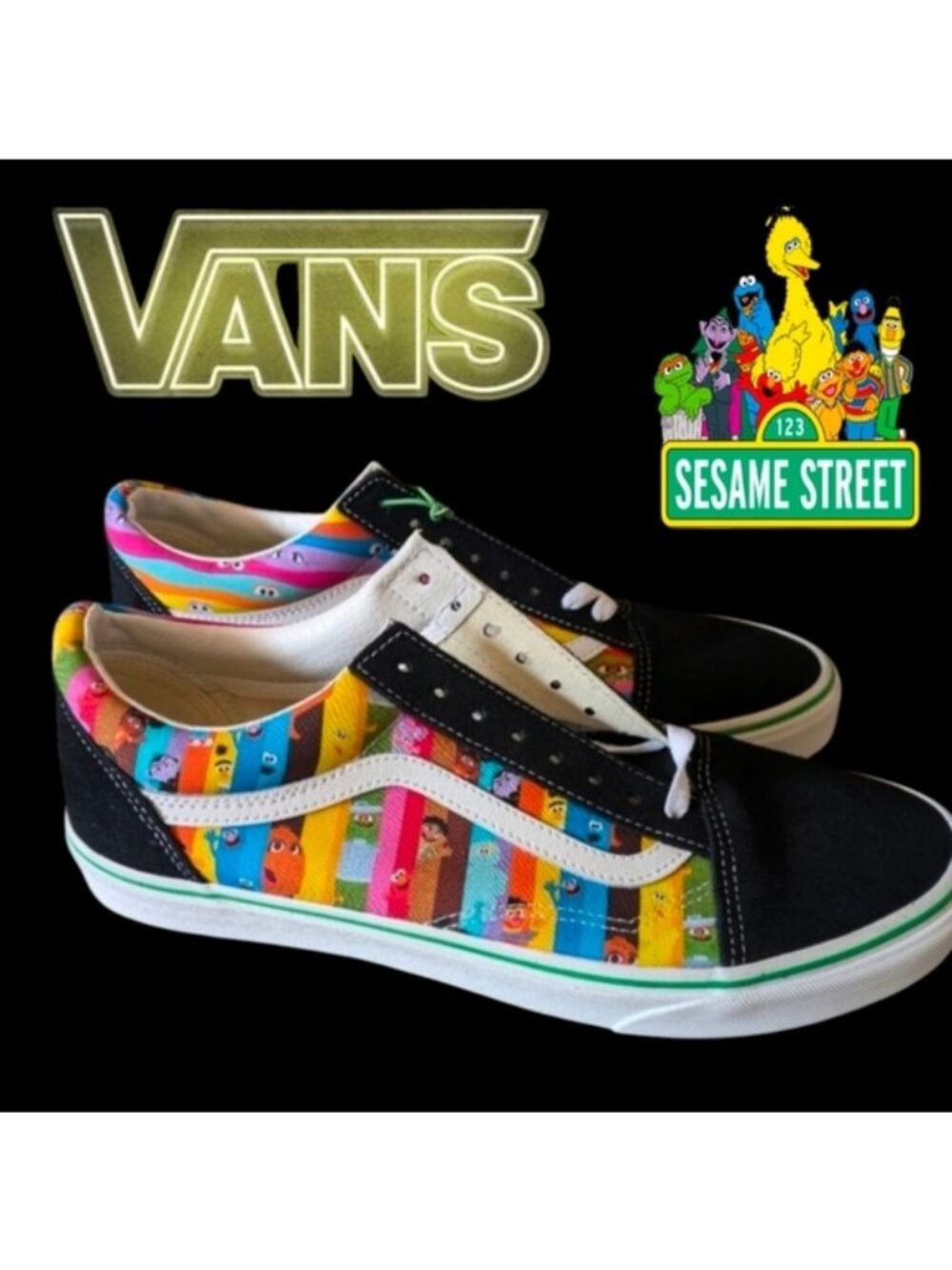 Vans Old Skool Sesame Street Men 8.5 Rainbow Stripes Colorful Black 0826